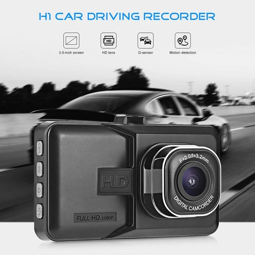 Car driving recorder with features listed on a blurred road background
