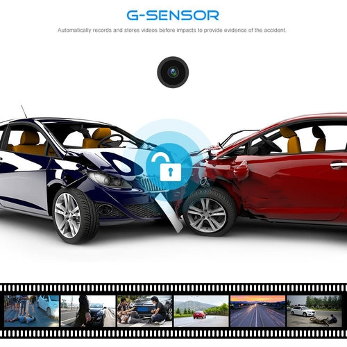 G-Sensor product showing two cars colliding with a film strip of accident evidence.