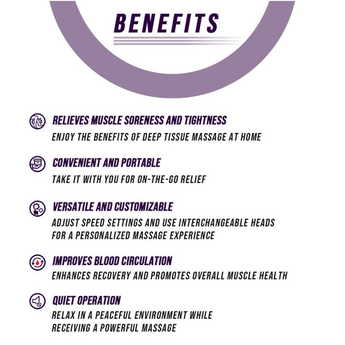 List of benefits for a massage device on a white background with purple text and icons.