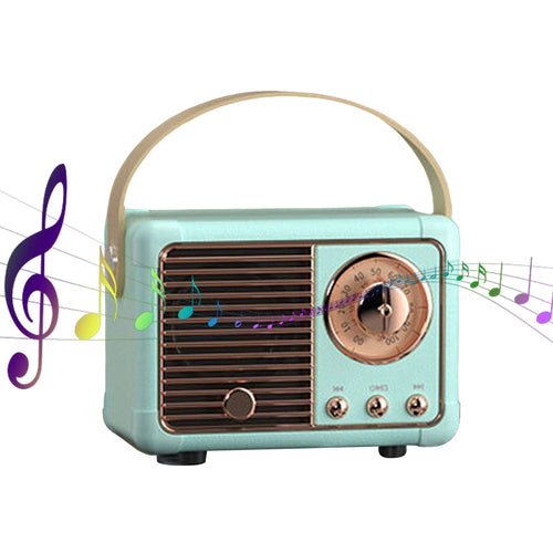 Vintage-style radio with a handle, surrounded by musical notes on a white background