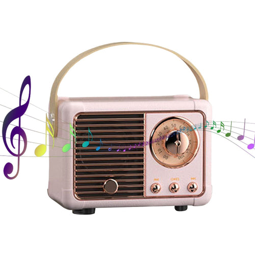 Vintage-style radio with a pink and gold design on a white background