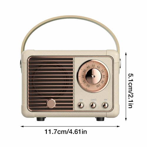 Vintage-style radio with dimensions indicated on a white background