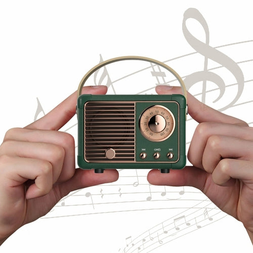 Green vintage-style radio held by hands with musical notes in the background