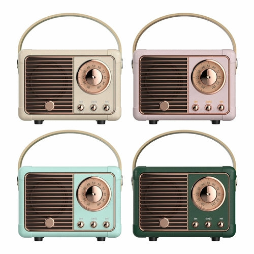 Four vintage-style radios in different colors on a white background