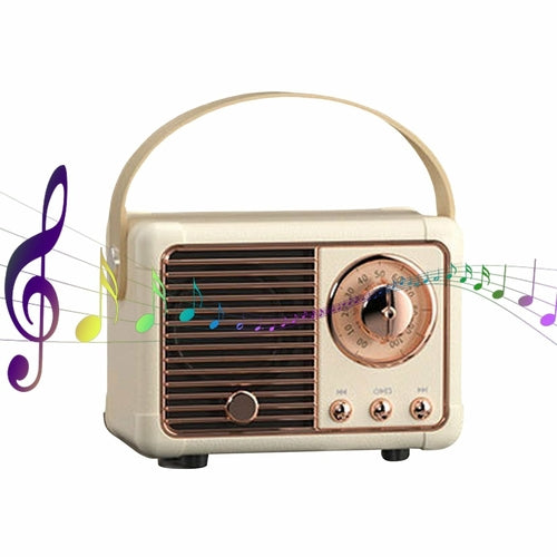Vintage-style radio with decorative music notes on a white background