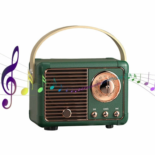Vintage-style green radio with decorative music notes on a white background