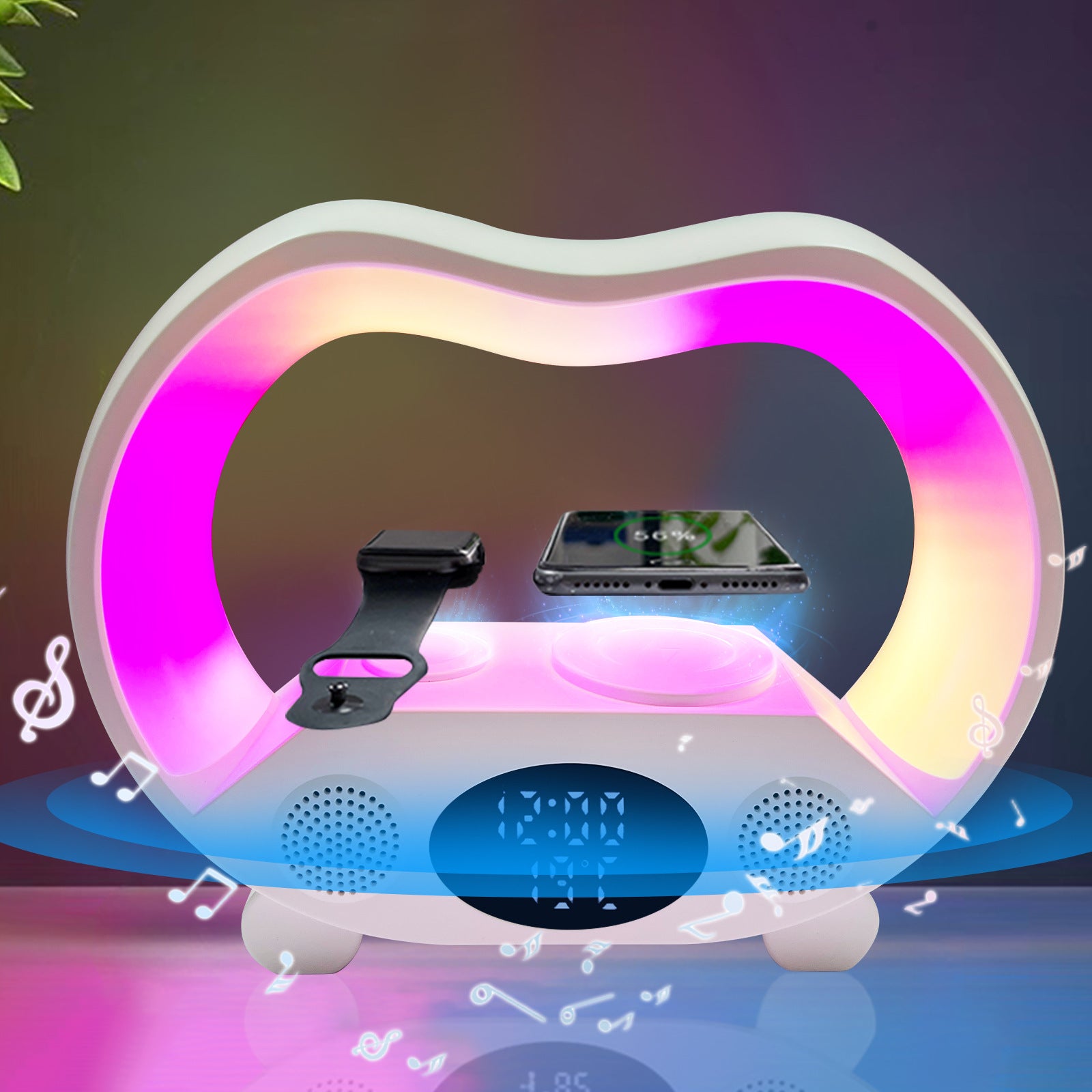 Colorful heart-shaped night light with phone holder and clock display on a dark background