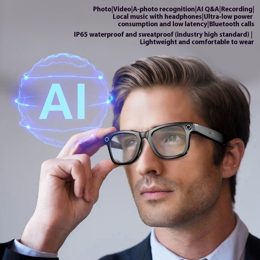 Man wearing smart glasses with an 'AI' hologram in the background