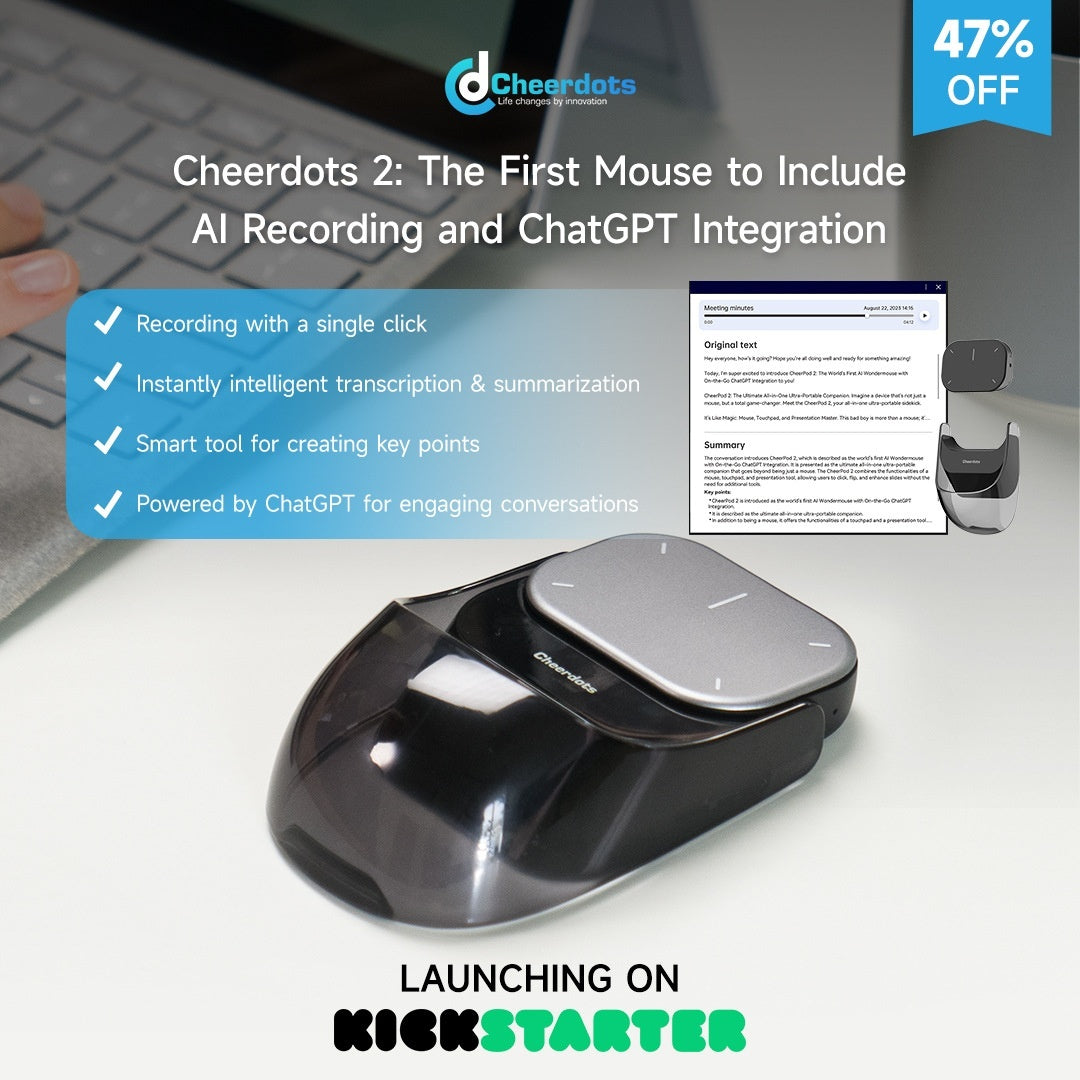Cheerdots 2 mouse with AI recording and ChatGPT integration on a computer setup, featuring promotional text.