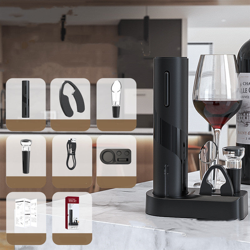 Black wine opener with accessories on a kitchen counter, with a glass of red wine and bottle in the background.