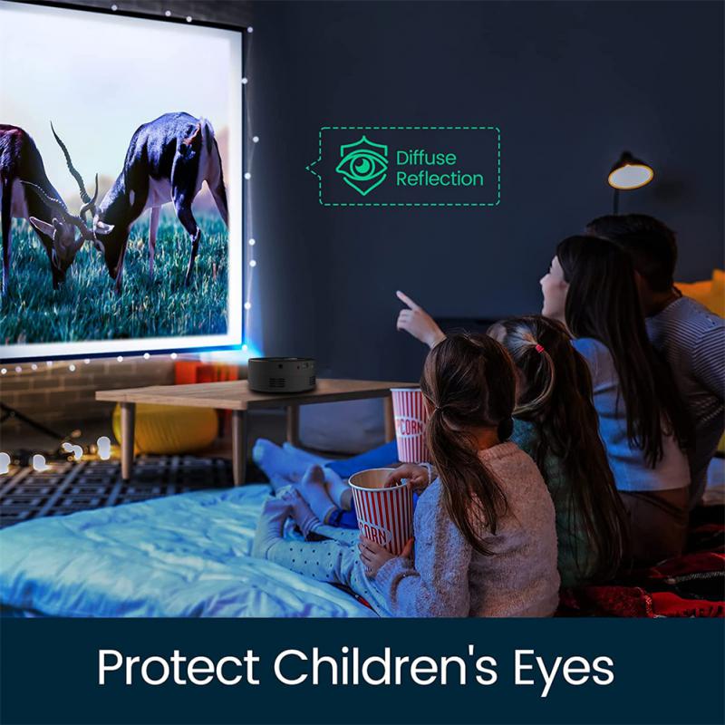Children watching a movie on a screen with popcorn, sitting in a dark room, and a text overlay about protecting children's eyes.