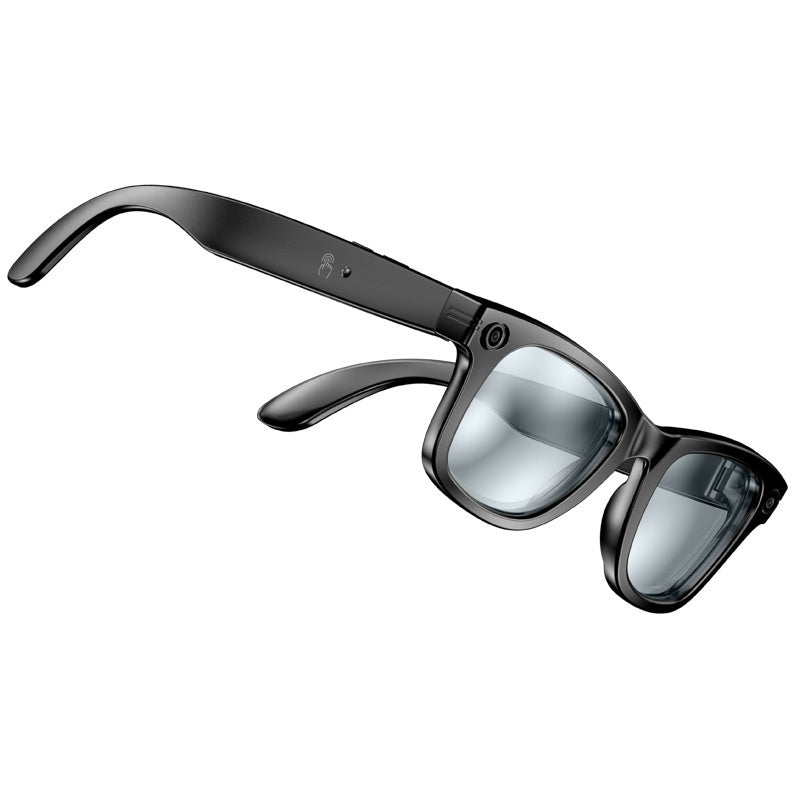 Black sunglasses with reflective lenses on a white background