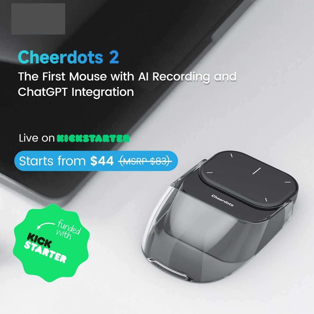 Cheerdots 2 mouse with AI recording and ChatGPT integration on a white background