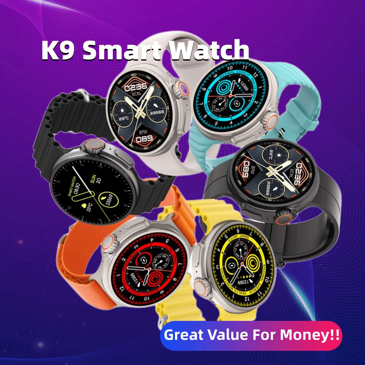 K9 Smart Watch with various colored bands on a purple background