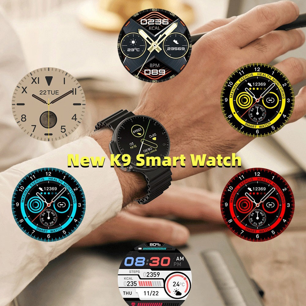 Collage of a smartwatch with various display options on a blurred background.