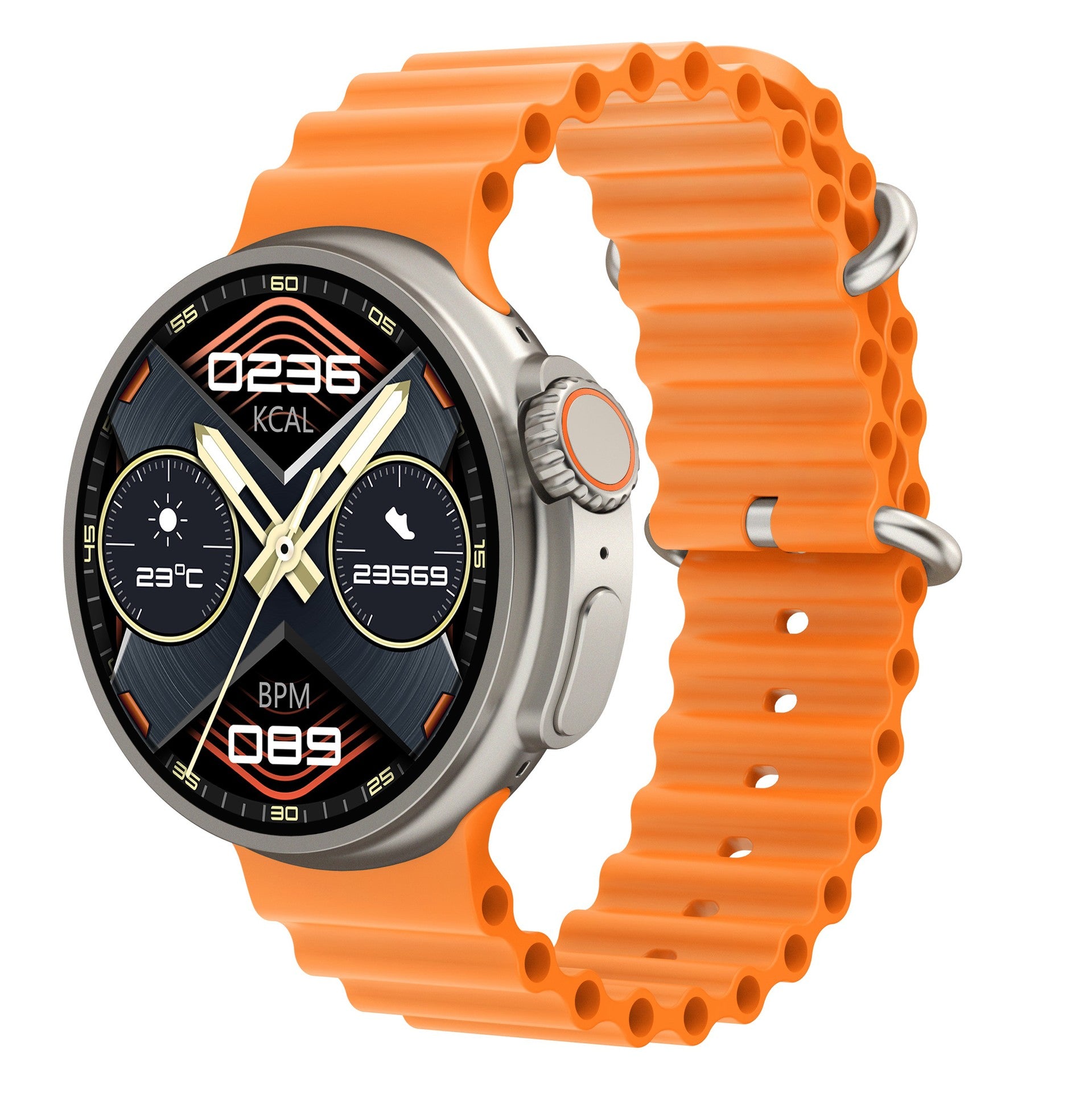 Smartwatch with an orange band on a white background