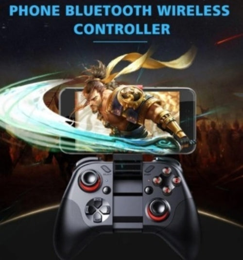 Phone Bluetooth wireless controller with gaming app on screen displaying warrior character.