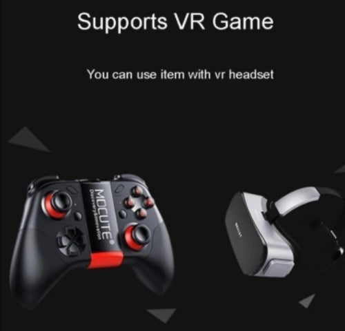 Gaming controller and VR headset with text indicating support for VR games on a black background.