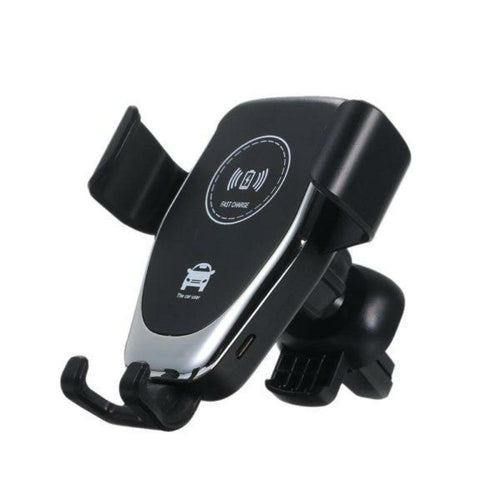 Black car phone holder with wireless charging icon on a white background
