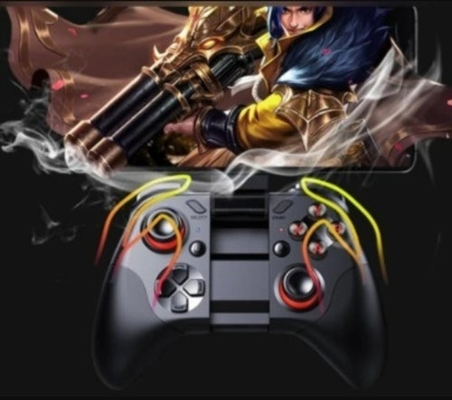 Game controller with fantasy-themed character and weapon on a dark background
