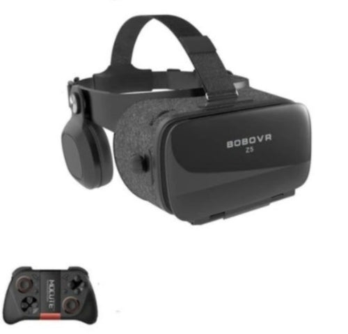 Black VR headset with controller on a white background