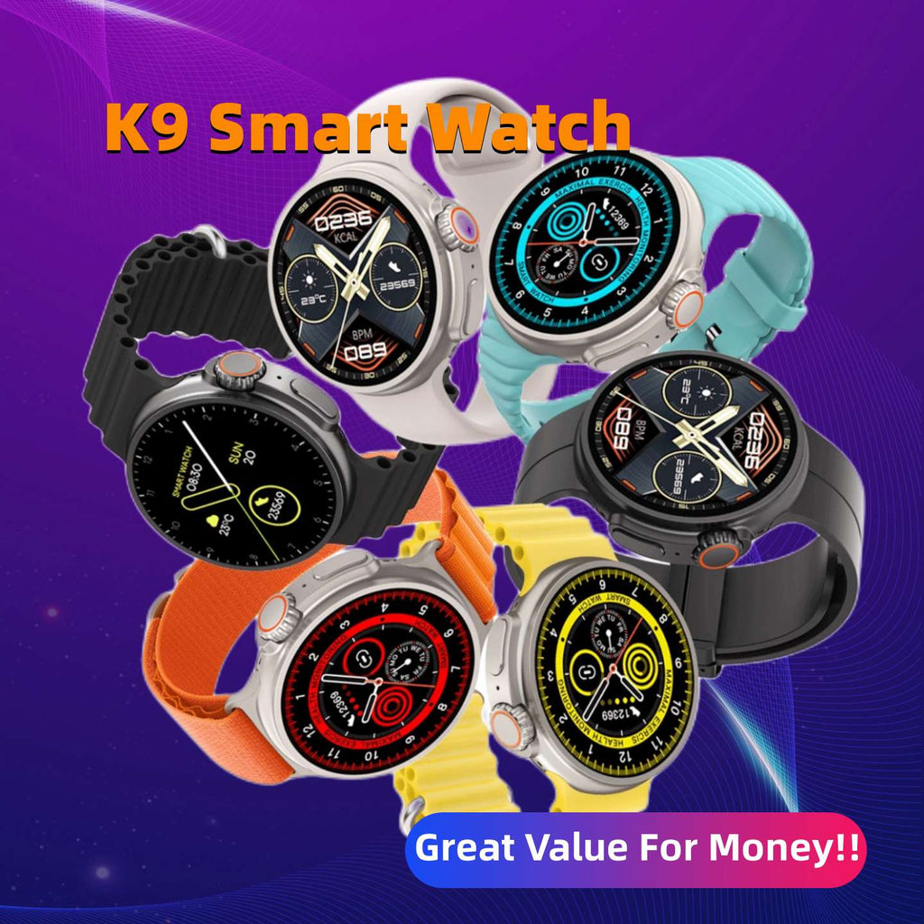 K9 Smart Watch with various colored bands on a purple background