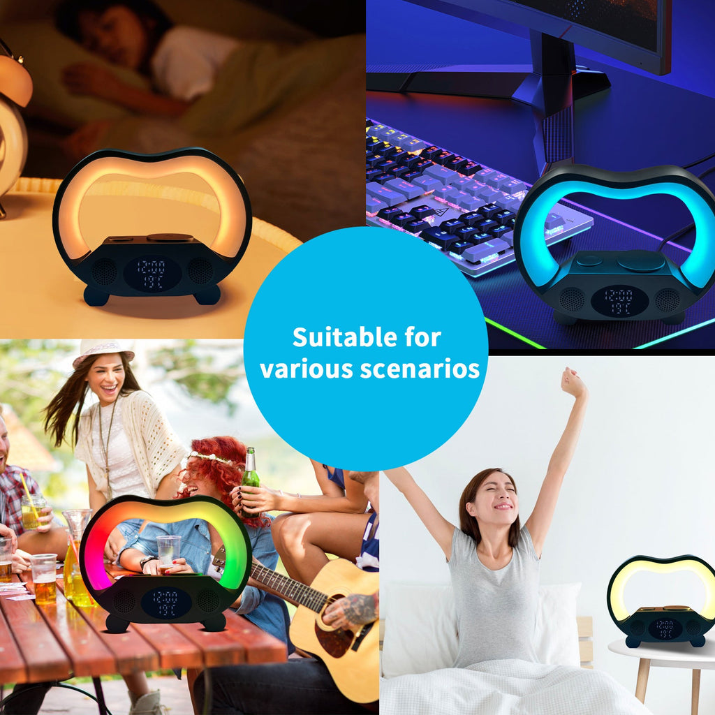 Collage of a glowing device in various settings with text 'Suitable for various scenarios'.