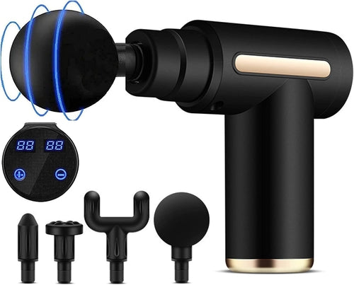 Black massage gun with attachments on a white background
