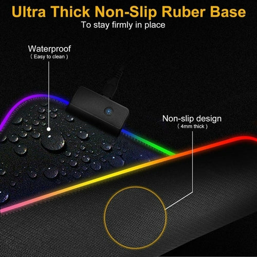 Gaming mouse pad with ultra-thick non-slip rubber base and waterproof features.