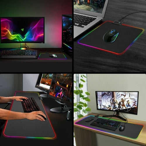 Collage of gaming setup with RGB lighting on monitors, keyboard, mouse, and desk.