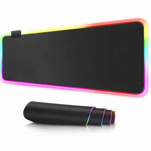 Black gaming mouse pad with colorful LED edges on a white background