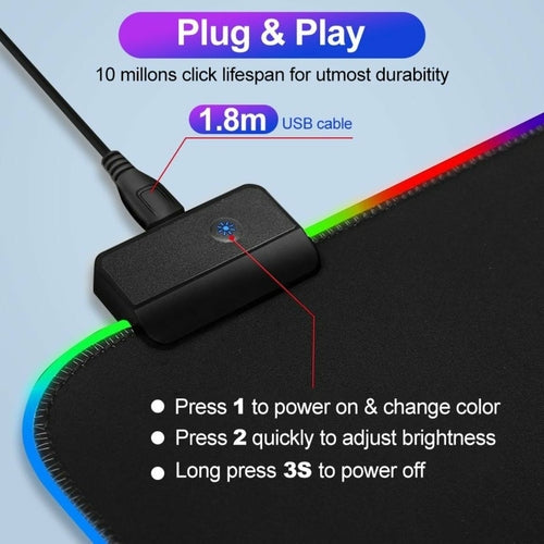 Gaming mouse pad with USB cable and control instructions on a light blue background