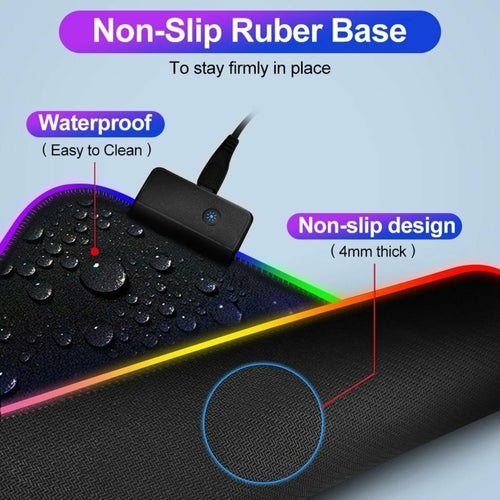 Gaming mouse pad with text highlighting features like non-slip rubber base, waterproof design, and thick non-slip surface.