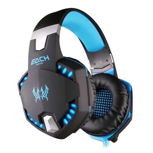 Black and blue gaming headset with LED lights on a white background