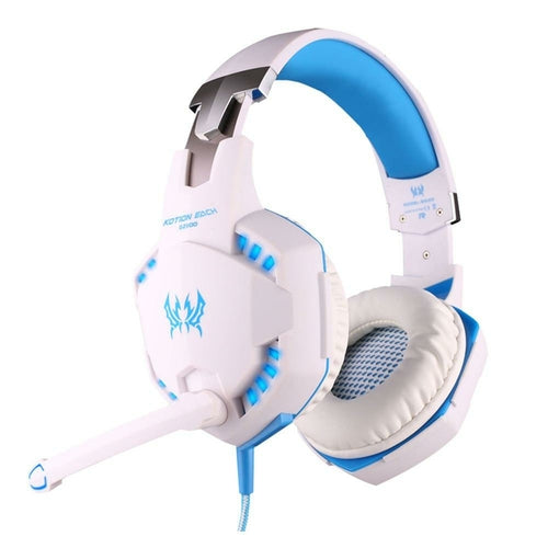 White and blue gaming headset with microphone on a white background