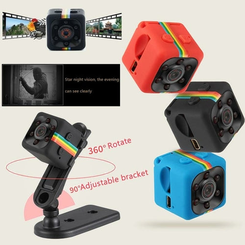 Small camera with colorful accents and 360-degree rotation feature on a white background