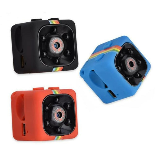 Three small cameras in black, blue, and red on a white background