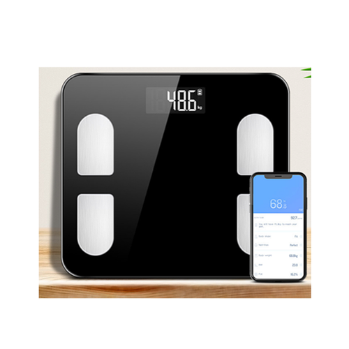 Digital body fat scale with smartphone app on a white background